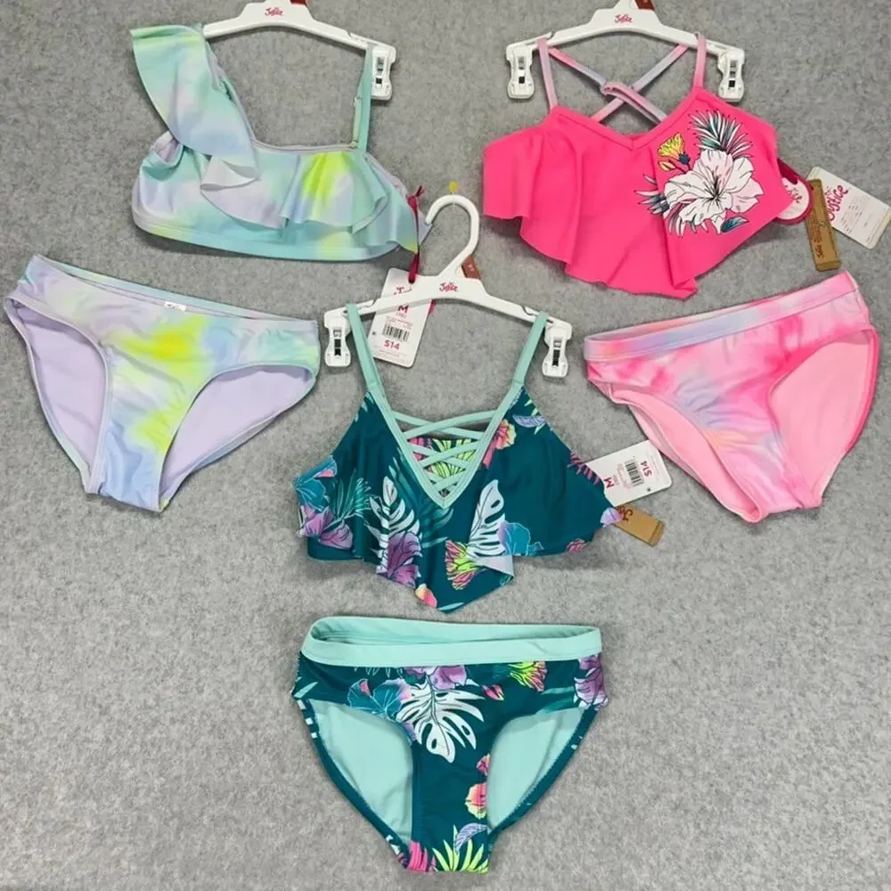 Justice Girls M 10 Bikini Swimsuit 6pc Lot Tie Dye Floral Mix Match UPF 50 NEW